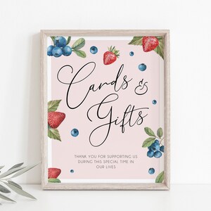 Modèle d'enseigne modifiable pour cartes et cadeaux aux fraises, enseigne de baby shower douce baies, baby shower aux fraises, enseigne imprimable, bébé d'été, BD128