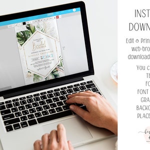Puede incluir: Una pantalla de computadora port&aacute;til que muestra una plantilla de invitaci&oacute;n de despedida de soltera personalizable con follaje tropical y detalles dorados. El texto de la invitaci&oacute;n dice "Bridal Shower" y "Ainsley Smith". El texto "INSTANT DOWNLOAD" se muestra en el lado derecho de la imagen. El texto debajo de "INSTANT DOWNLOAD" dice "Editar e imprimir desde su navegador web. NO se requieren descargas. Puede editar: TEXTO, FUENTE, COLOR DE FUENTE, GR&Aacute;FICOS, FONDO, COLOCACIONES".