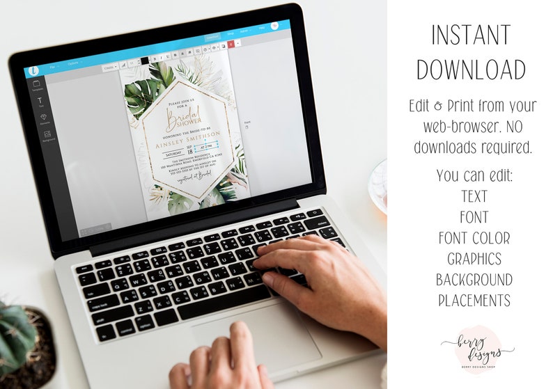 Puede incluir: Una pantalla de computadora port&aacute;til que muestra una plantilla de invitaci&oacute;n de despedida de soltera personalizable con follaje tropical y detalles dorados. El texto de la invitaci&oacute;n dice "Bridal Shower" y "Ainsley Smith". El texto "INSTANT DOWNLOAD" se muestra en el lado derecho de la imagen. El texto debajo de "INSTANT DOWNLOAD" dice "Editar e imprimir desde su navegador web. NO se requieren descargas. Puede editar: TEXTO, FUENTE, COLOR DE FUENTE, GR&Aacute;FICOS, FONDO, COLOCACIONES".