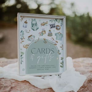 Cartes et cadeaux modernes Enseigne modifiable pour baby shower vert, signalétique de baby shower en arc de cercle, enseigne imprimable, téléchargement immédiat, non sexiste, BD139