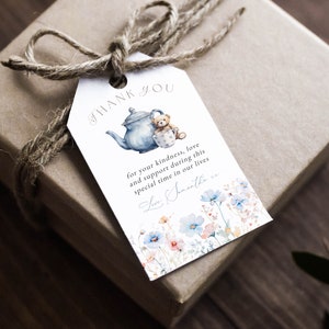 Etichetta regalo di ringraziamento a forma di teiera blu, bomboniere blu polvere, bomboniere con orsacchiotti e tazze da tè, etichetta di ringraziamento stampabile, baby shower, BD205