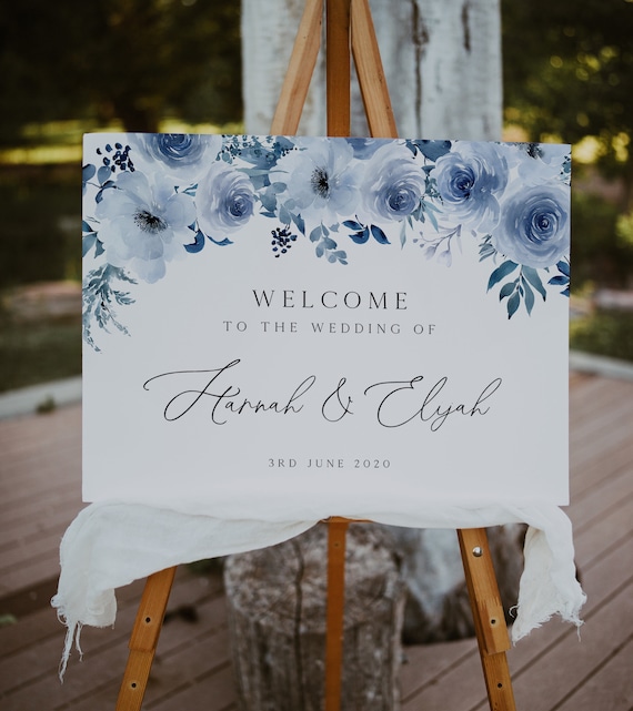 Dusty Blue Wedding Welcome Sign, Editable Template, Blue Floral Wedding Signage, Rustic Wedding, Boho Watercolor sign, Printable - BD93