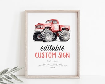 Editable Monster Truck Sign Template, Monster Truck Editable Sign, Monster Truck Birthday Decor, Monster Truck Printable Party Signage BD199
