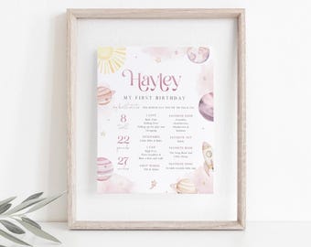 Pastel Pink Space 1st Birthday Milestone Sign, Pink Outerspace First Birthday Board, Girls 1st Birthday Poster Printable Sign, BD217