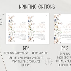 May include: Printable baby shower invitation template with a floral design in shades of blue, white, and beige. The text reads "Join us for a Baby Shower honoring the mommy-to-be" and "Harley Button".