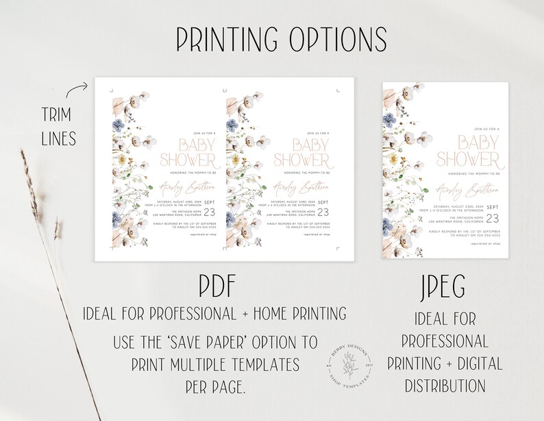May include: Printable baby shower invitation template with a floral design in shades of blue, white, and beige. The text reads "Join us for a Baby Shower honoring the mommy-to-be" and "Harley Button".