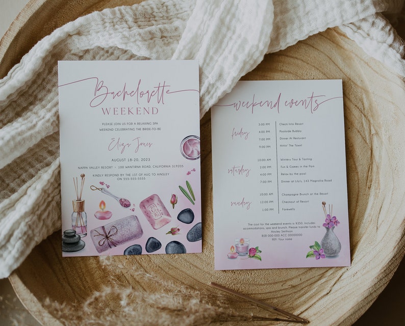 Bachelorette Spa Weekend Invitation with Itinerary Editable Template, Girls Spa Party Invite, Spa Bachelorette Weekend, Printable, BD168 image 3