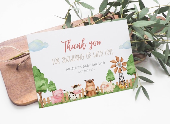 Farm Thank You Card Birthday, Thank You Note, Farm Animals Thank You...