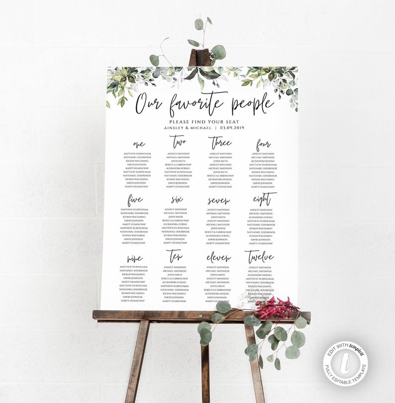 Eucalyptus Our Favorite People Rustic Editable Wedding Seating Chart 