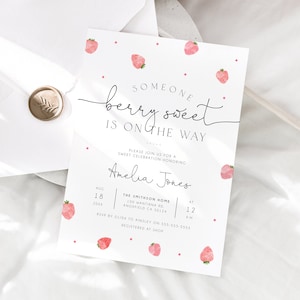 Strawberry Baby Shower Invitation Template, Berry Sweet Baby on the Way Invite, Berry Sweet Invitation, Printable Invite, Shower Evite BD171