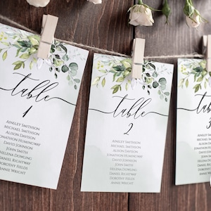 Modèle de plan de table à suspendre rustique, verdure, plans de table modifiables, plan de salle de mariage, téléchargement immédiat, eucalyptus, aquarelle BD44