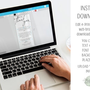 May include: A laptop computer displaying a thank you card template on the screen. The card has a simple design with black calligraphy text that says "Thank You". The text "INSTANT DOWNLOAD" is displayed on the right side of the image. The text below the download text says "Edit & Print from your web-browser. NO downloads required."