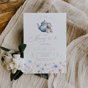 Wildblumen-Teeparty-Babyparty-Einladung, blaue High Tea-Babyparty-bearbeitbare Einladung, Zeit zum Tee einladen, druckbare Einladung, BD205