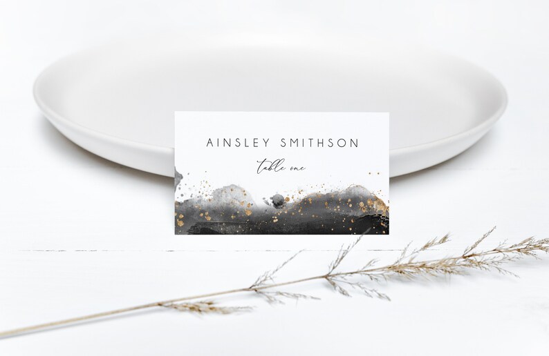 Black Watercolor Editable Name Cards Minimal BD119 Printable Modern Wedding Gold /& Black Wedding Place Cards Template Instant Download