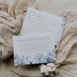 Kaartsjabloon voor stoffig blauw recept voor de aanstaande bruid, blauwe bloemen vrijgezellenfeestkaarten, afdrukbare receptinvulkaarten aquarel bloemen BD153