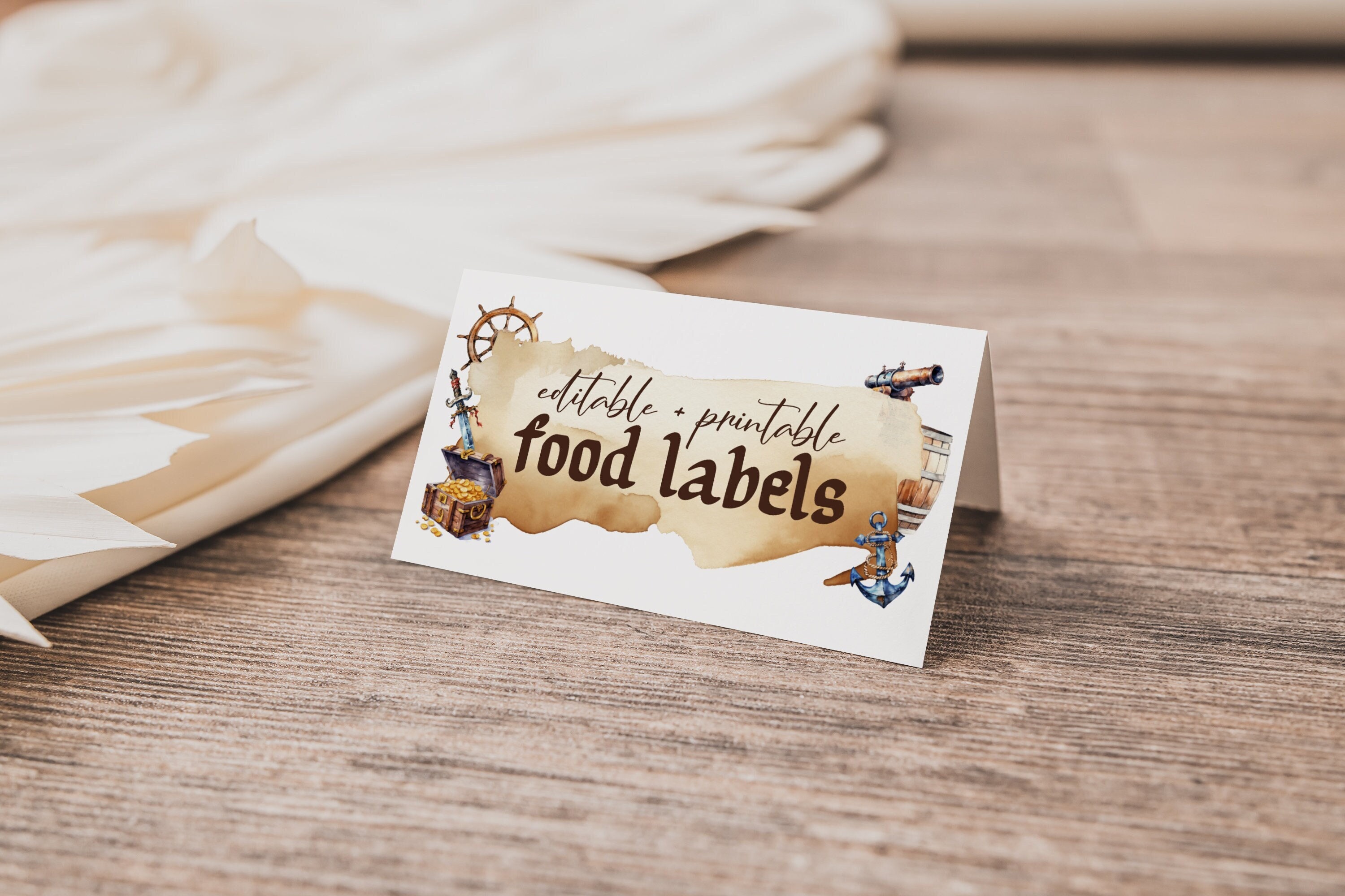 Pirate Food & Name Editable Card Templates, Pirate Birthday Party Food and Name Cards, Pirate themed Party Decor, Printable Food Cards BD194