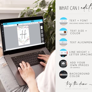 Pode incluir: O ecr&atilde; de um computador port&aacute;til mostra um modelo de design com uma moldura floral e a letra "H" no centro. O texto "WHAT CAN I edit?" &eacute; apresentado no lado direito da imagem, juntamente com uma lista de funcionalidades edit&aacute;veis, incluindo texto, fonte, tamanho, cor, alinhamento, altura da linha, espa&ccedil;amento entre letras, imagens e cor de fundo.