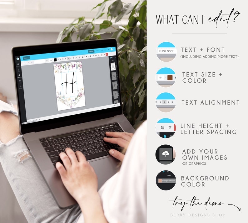 Pode incluir: O ecr&atilde; de um computador port&aacute;til mostra um modelo de design com uma moldura floral e a letra "H" no centro. O texto "WHAT CAN I edit?" &eacute; apresentado no lado direito da imagem, juntamente com uma lista de funcionalidades edit&aacute;veis, incluindo texto, fonte, tamanho, cor, alinhamento, altura da linha, espa&ccedil;amento entre letras, imagens e cor de fundo.