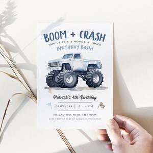 K&ouml;nnte beinhalten: Eine blaue und wei&szlig;e Monstertruck-Geburtstagseinladung mit dem Text "BOOM + CRASH" und "Feiert mit uns eine Monstertruck-Geburtstagsparty!" Die Einladung enth&auml;lt auch das Datum "03.05.20XX", die Uhrzeit "2 - 4 PM", die Adresse "100 WANTIRNA ROAD, CALIFORNIA" und RSVP-Informationen.