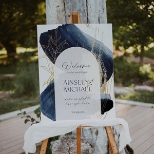 Navy & Gold Wedding Welcome Sign, Navy Blue Watercolor Welcome Sign, Instant Download, Ocean Wedding Sign, Printable Modern Wedding, BD137