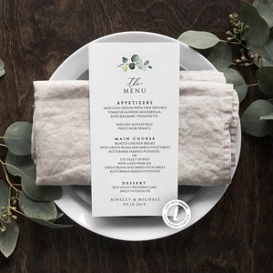 Wedding Menu Template, Printable Menu, Greenery, Editable, Reception menu, Wedding Table Decor, Instant Download, Rustic, Eucalyptus, BD44