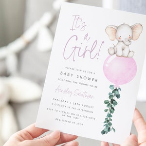 Pink Elephant Baby Shower Invitation, Girl Baby Shower Invite, Pink Balloon Editable Invitation, Instant Download, Greenery Printable Invite