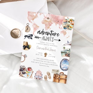 Adventure Awaits Bridal Shower Invitation Template, Travel Themed Editable Bridal Shower Invite, Adventure Awaits Bridal Shower Evite, BD187