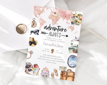 Adventure Awaits Bridal Shower Invitation Template, Travel Themed Editable Bridal Shower Invite, Adventure Awaits Bridal Shower Evite, BD187