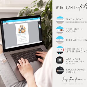 May include: A laptop computer displaying a digital invitation with a cartoon bear wearing a blue and orange sweater and holding a pumpkin. The invitation says "Falling in Love" and has a blue and orange colour scheme. The text on the screen says "What can I edit?" and lists several options for customising the invitation, including text, font, size, colour, alignment, line height, letter spacing, adding images, and background colour.