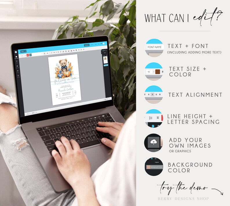 May include: A laptop computer displaying a digital invitation with a cartoon bear wearing a blue and orange sweater and holding a pumpkin. The invitation says "Falling in Love" and has a blue and orange colour scheme. The text on the screen says "What can I edit?" and lists several options for customising the invitation, including text, font, size, colour, alignment, line height, letter spacing, adding images, and background colour.