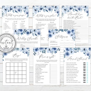 10+ Bridal Shower Games Bundle Editable Templates, Dusty Blue, Blue Floral Kitchen Tea Games, Printable Bridal Shower Activities - BD93