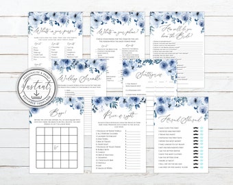 10+ bundel vrijgezellenfeestspellen bewerkbare sjablonen, stoffig blauw, blauwe bloemen keukentheespelletjes, afdrukbare vrijgezellenfeestactiviteiten - BD93