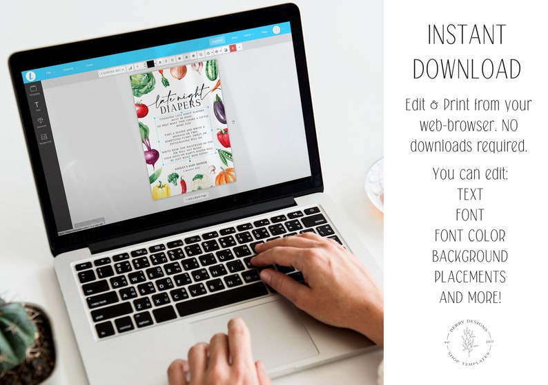 Op de afbeelding: Een laptop toont een sjabloon voor een babyshower-uitnodiging met de woorden "late night diapers" en groente-illustraties. Het scherm toont ook bewerkingsopties. De rechterkant van het scherm heeft de woorden "Instant Download".