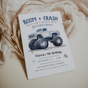 K&ouml;nnte beinhalten: Eine Geburtstagseinladung f&uuml;r eine Monstertruck-Party mit einem blauen und wei&szlig;en Monstertruck und dem Text "BOOM + CRASH JOIN US FOR A MONSTER TRUCK BIRTHDAY BASH!" und "Patrick's 4th Birthday 03.05.20XX | 2 - 4 PM 100 WANTIRNA ROAD, CALIFORNIA KINDLY RSVP BY 03/05 TO AINSLEY ON 555-555-5555".