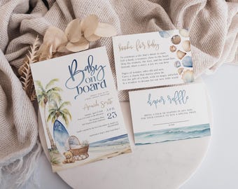 Baby on Board Invitation Bundle, Surf Beach Baby Shower Editable Invitation Bundle, Summer Baby Shower, Printable Invite, Shower Evite BD215