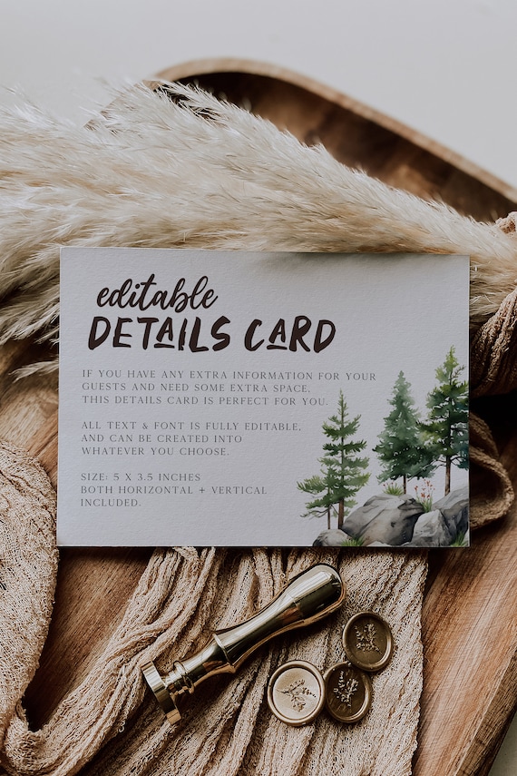 Pine Tree Editable Details Card Insert Template, Mountain Printable Card Insert, Adventure Awaits Shower Card Insert, Printable, BD196