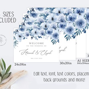 Puede incluir: Un cartel de bienvenida para boda imprimible con un dise&ntilde;o floral de acuarela azul. El cartel dice "Bienvenido a la boda de Hannah & Elyah 3 de junio de 2020". El cartel est&aacute; disponible en cuatro tama&ntilde;os: 24x18 pulgadas, 30x20 pulgadas, 36x24 pulgadas y A1 (841x594 mm).