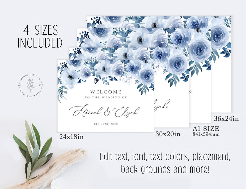 Puede incluir: Un cartel de bienvenida para boda imprimible con un dise&ntilde;o floral de acuarela azul. El cartel dice "Bienvenido a la boda de Hannah & Elyah 3 de junio de 2020". El cartel est&aacute; disponible en cuatro tama&ntilde;os: 24x18 pulgadas, 30x20 pulgadas, 36x24 pulgadas y A1 (841x594 mm).
