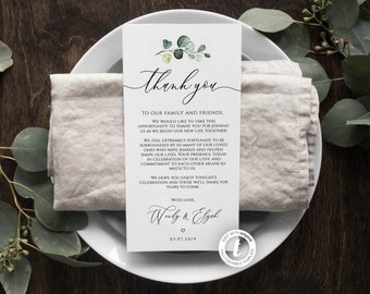 Modello di biglietto di ringraziamento per matrimonio, rustico, verde, eucalipto, ringraziamento per segnaposto, cartoncino da tavolo, modificabile, download immediato, BD44