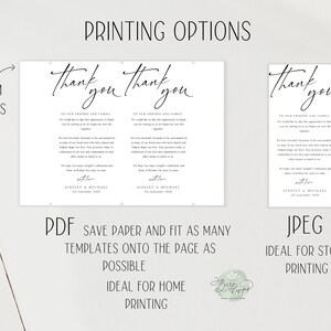 May include: A printable wedding thank you card template with a simple black script font that says "Thank You" and includes the text "To our friends and family... We would like to take this opportunity to thank you for coming to celebrate our wedding with us. We hope you enjoyed the day as much as we did." The template is shown in both PDF and JPEG formats, with instructions for printing.
