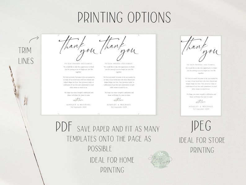 May include: A printable wedding thank you card template with a simple black script font that says "Thank You" and includes the text "To our friends and family... We would like to take this opportunity to thank you for coming to celebrate our wedding with us. We hope you enjoyed the day as much as we did." The template is shown in both PDF and JPEG formats, with instructions for printing.