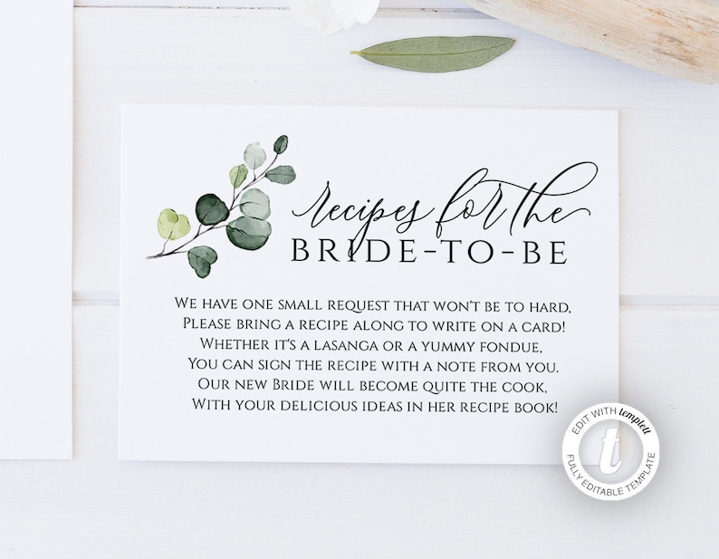 Recipe for the Bridetobe Card Insert Template Bridal Shower Etsy