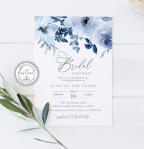 Dusty Blue Bridal Shower Editable Invitation Template Blue - Etsy