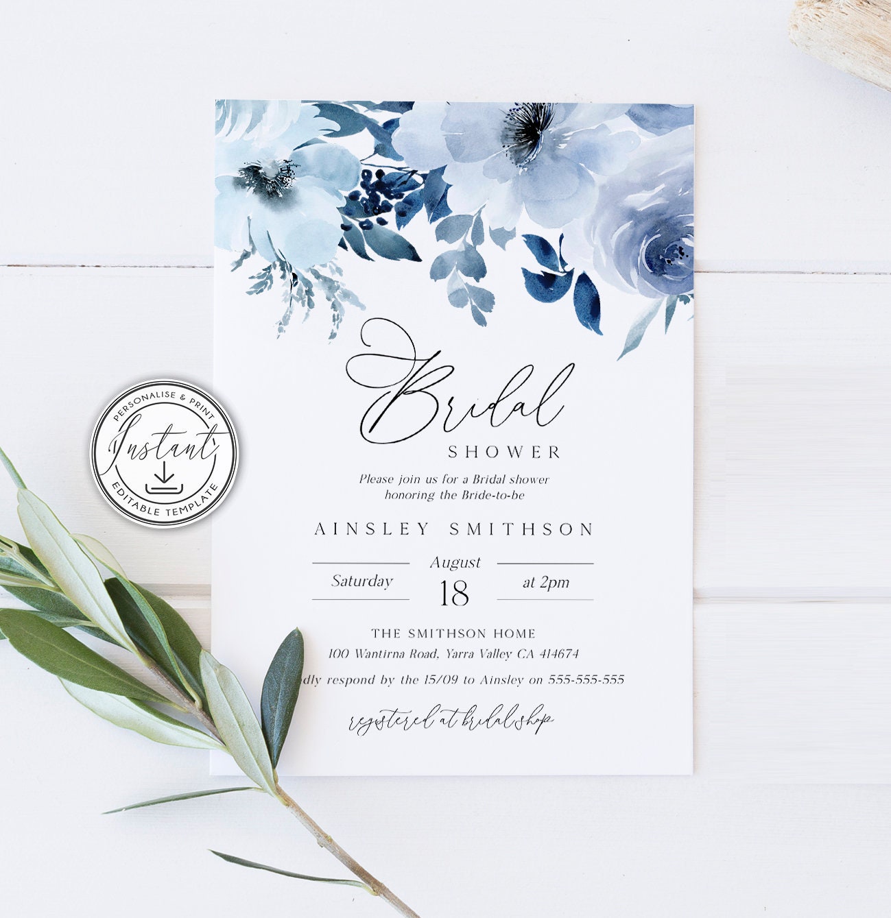 Dusty Blue Bridal Shower Editable Invitation Template Blue Etsy