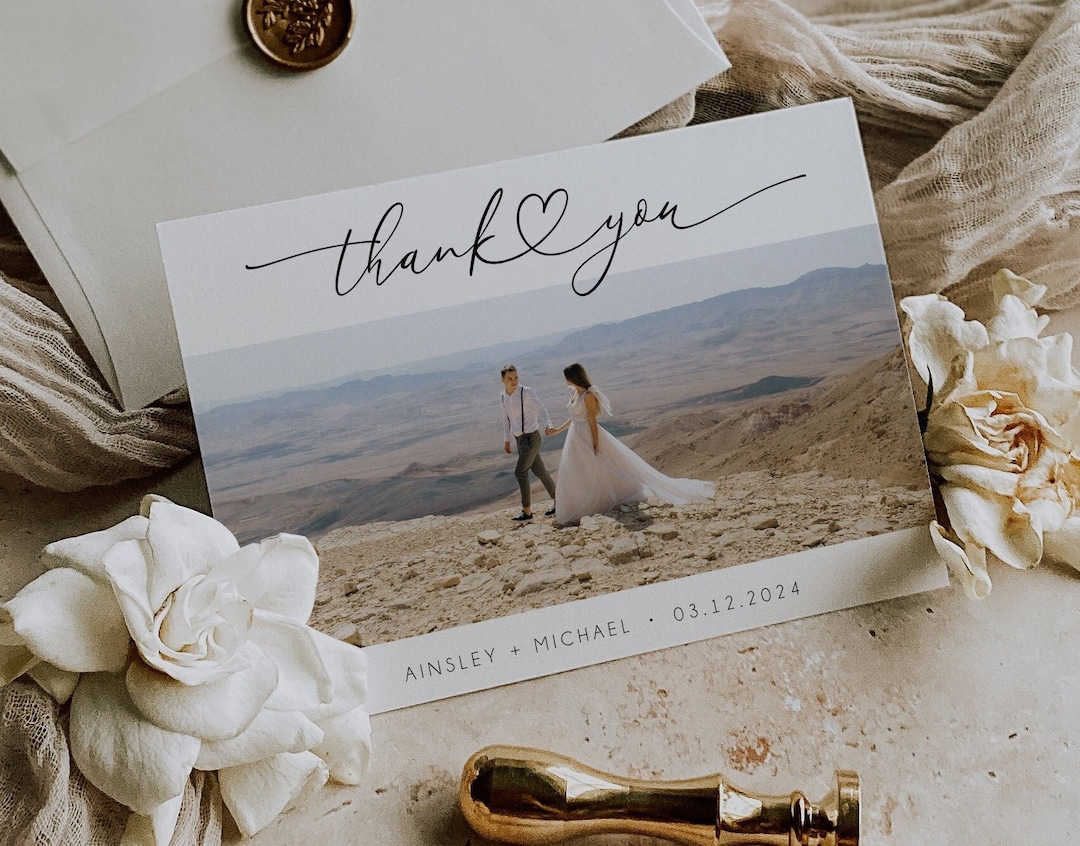 Minimalist Wedding Thank You Card With Photo, Printable Thank You Card ...