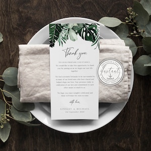 Plantilla de nota de agradecimiento para boda tropical, agradecimiento por la decoración de mesa para boda en la playa, destino, tarjeta de mesa, editable, descarga instantánea - BD102