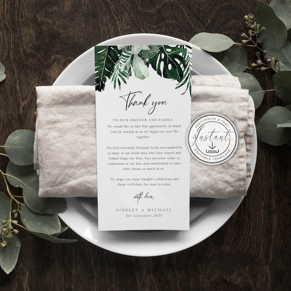 Tropical Wedding Thank You Note Template, Beach Wedding Place Setting Thank You, Destination, Table Card, Editable, Instant Download - BD102