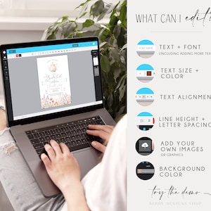 May include: A laptop computer displaying a customizable invitation template for a bridal tea party. The template features a teapot and flowers in a watercolor style. The text on the invitation reads "Join us for a Bridal Tea". The image also shows a list of editable features, including text, font, size, color, alignment, line height, letter spacing, background color, and the ability to add images.