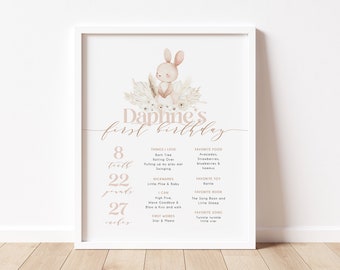 Bunny First Birthday Milestone Poster, Somebunny is One 1st Year Birthday Sign, Pastel Pink Girl First Birthday Decor, Printable Sign, BD157