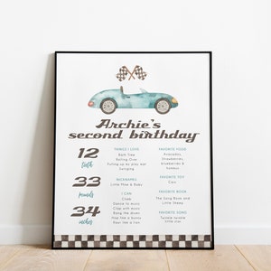 Race Car Milestone Birthday Poster, Blue Race Car 2nd Birthday Stats Board, Car Themed Second Birthday Sign Printable Milestone Poster BD159